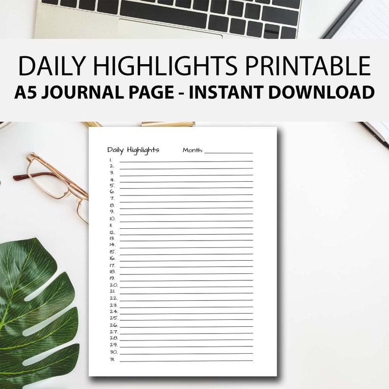 Daily Highlights Printable, A5 Journal Page, Printable Tracker, Memory