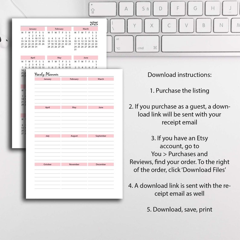 Year Calendar 2025 PINK Printable, A4/a5/half Letter/letter, 2025