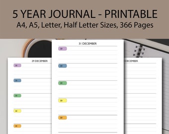 Une ligne par jour 5 ans Journal imprimable arc-en-ciel, A4/A5/demi-lettre/lettre, Journal de gratitude quotidien, Journal quotidien imprimable, insertion de Journal
