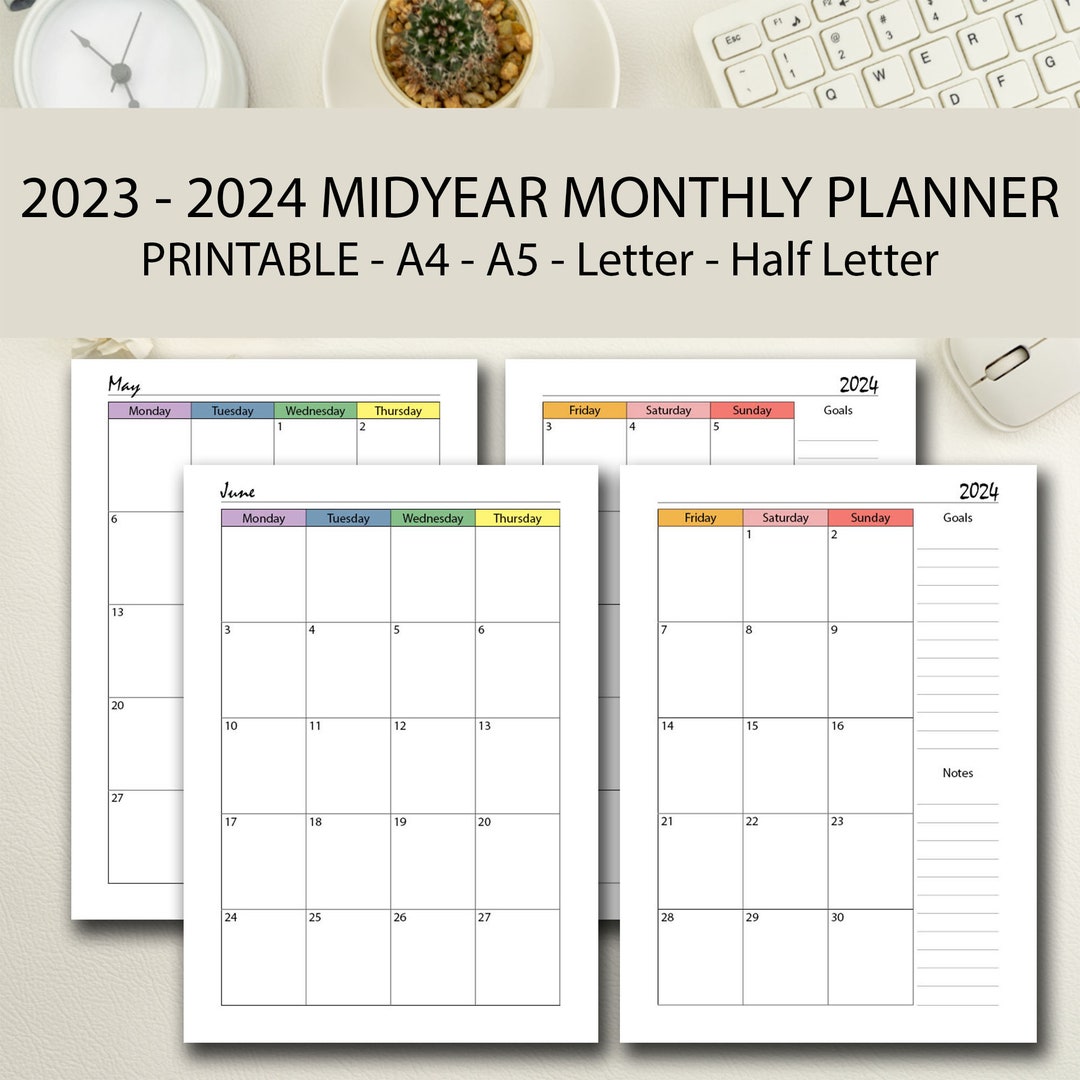 20232024 Monthly Midyear Planner Printable RAINBOW, Month on 2 Page