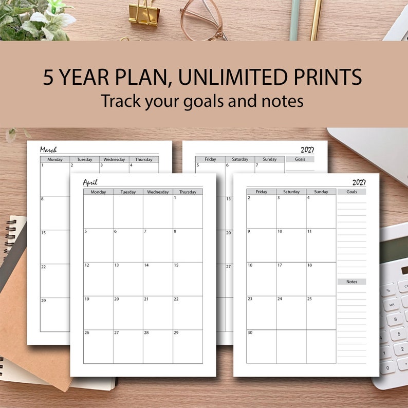 2023 2027 monthly planner grey printable 5 year planner mo2p etsy 