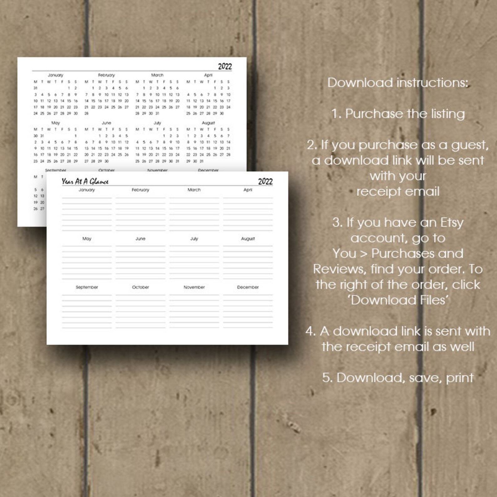 year at a glance 2022 calendar printable a3 a4 letter half etsy