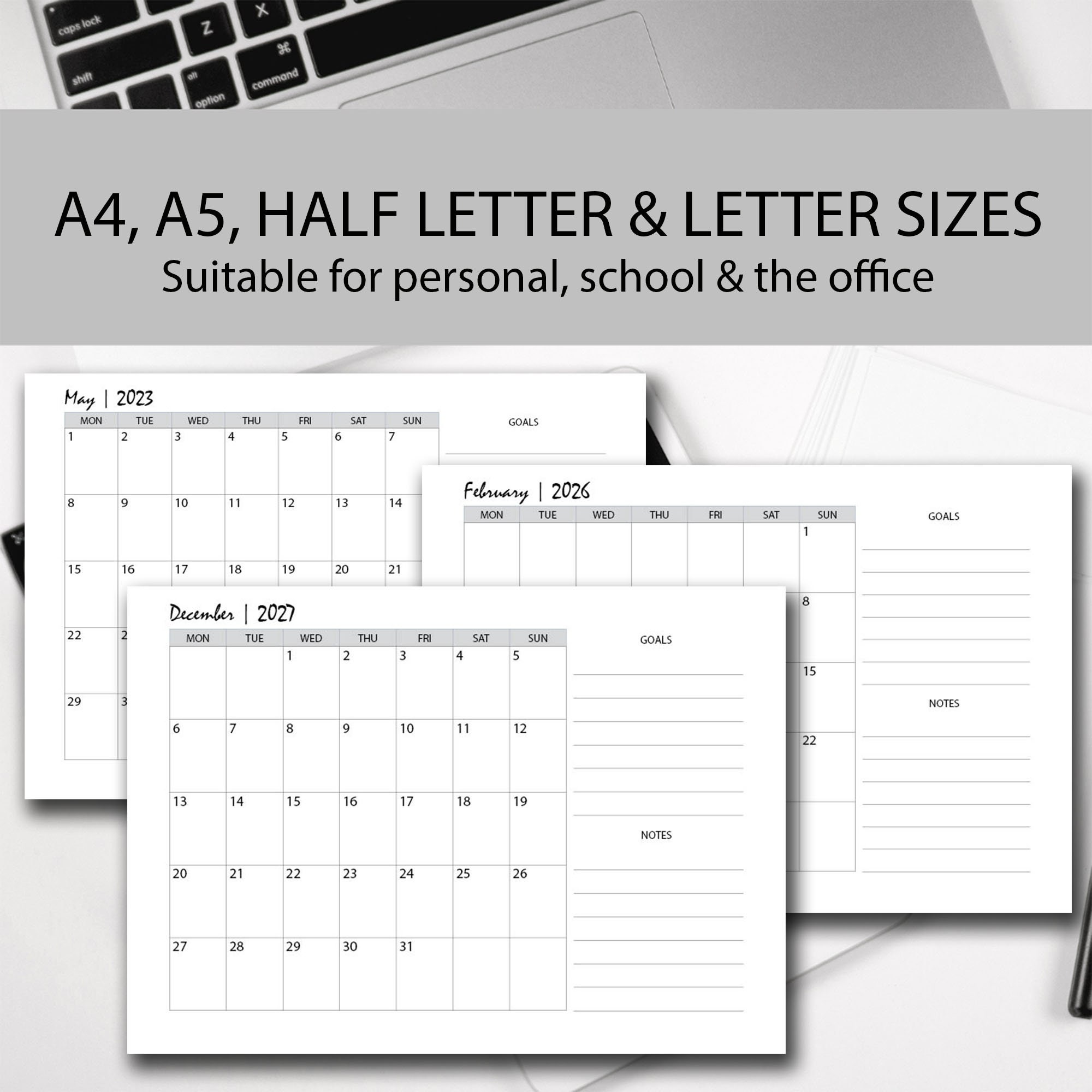 5 Year Calendar Planner GREY Printable, 5 Year Monthly Planner, 5 Year ...