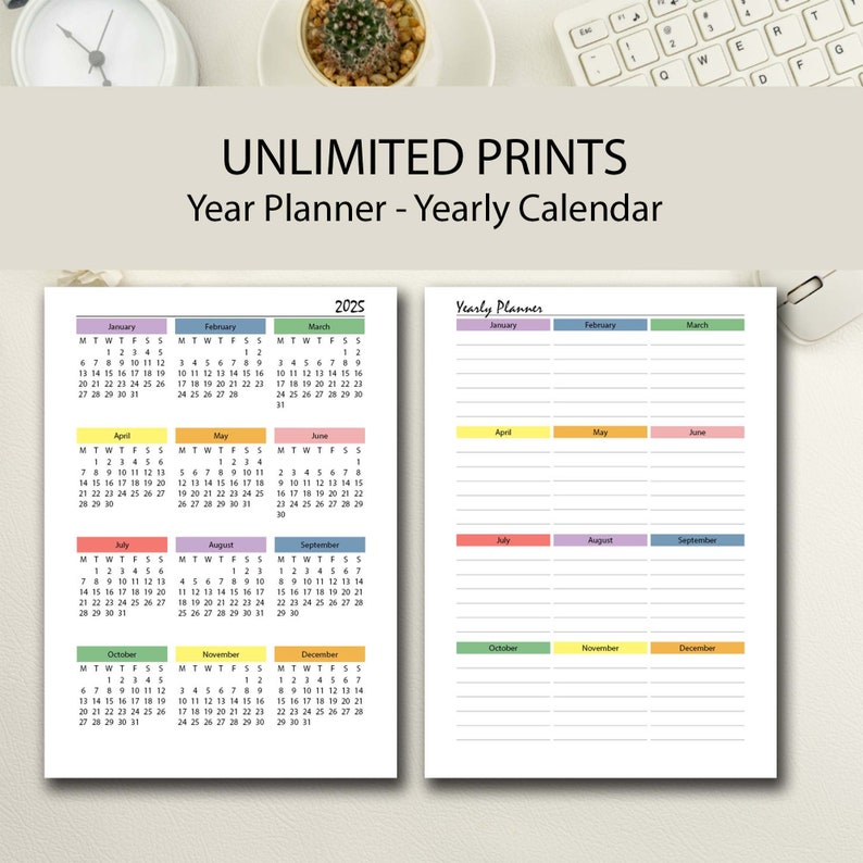 2025 Year Calendar Rainbow Printable, 2025 Calendar Pdf, A4/a5/half