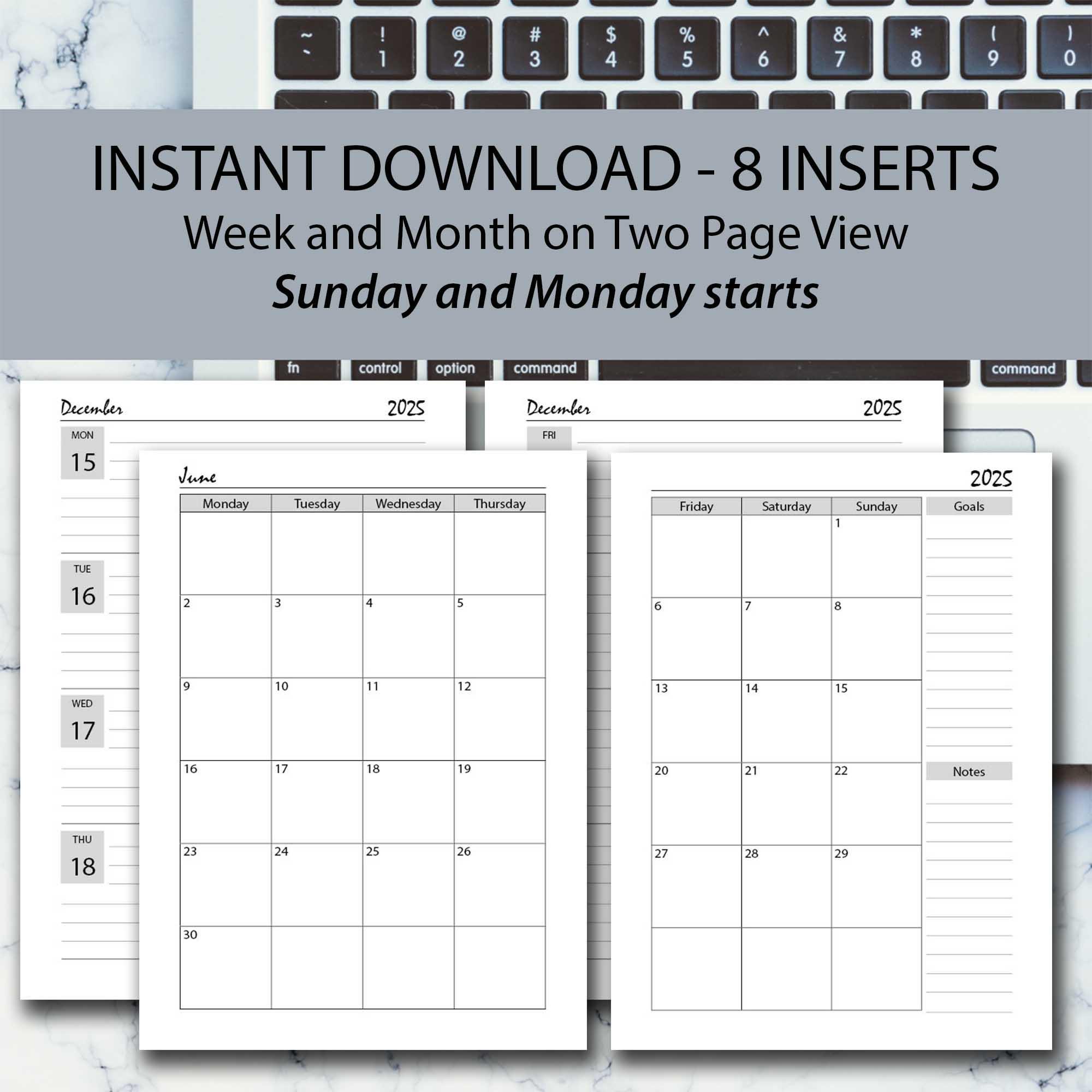 2025 Planner Printable GREY Pack, 2025 Week on 2 Page, A4/a5/half ...