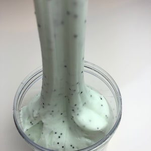 May include: A light green slime with black specks is being poured into a clear plastic container. The slime is thick and gooey, and it looks like it would be fun to play with.