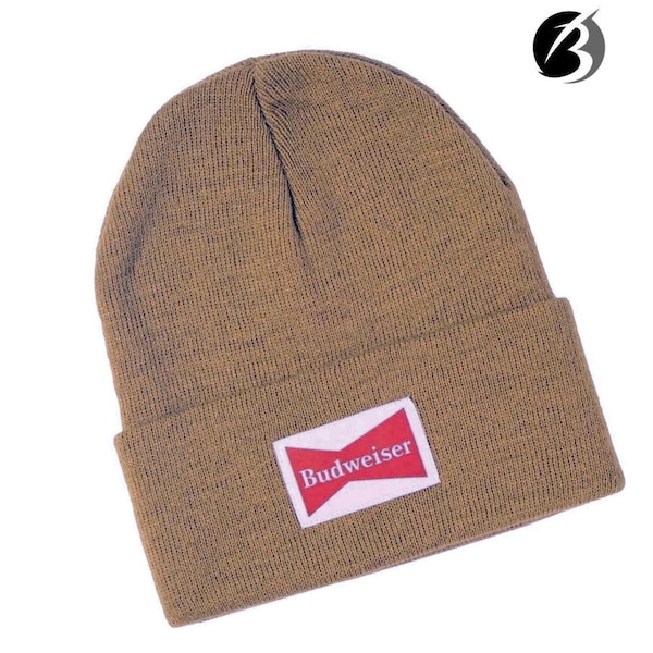 BUDWEISER Woven Label Tan Cuffed Knit Beanie Skull Cap Hat Toboggan