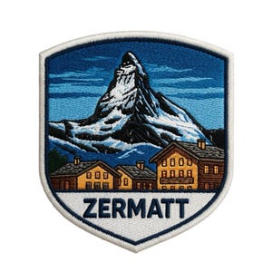 Zermatt-märke Broderat Stryk-på-/Sy-på-märke Schweiz Resesouvenir Schweiziska Alperna Skidåkning Matterhorn Presentmärken (80 x 70 mm)
