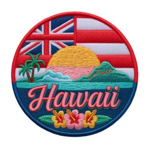 May include: Embroidered patch featuring a Hawaiian landscape with a sunset, palm tree, and ocean. The design includes the word "Hawaii" in pink script, a red and white striped background, and a blue border. The top left corner features a Union Jack.