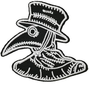 May include: Black and white embroidered iron-on patch of a plague doctor wearing a hat and a long beak mask.