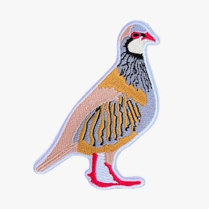 May include: Embroidered patch of a gray and brown bird with red legs and a red eye. The bird is standing on a white background.