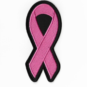 May include: Pink ribbon embroidered patch with black outline. The ribbon is a symbol of breast cancer awareness.