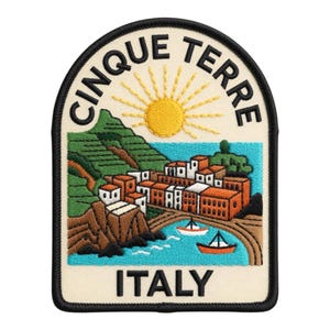 May include: An embroidered patch with a black border featuring a coastal scene of Cinque Terre, Italy. The design includes a yellow sun, green hills, orange and white buildings, and two small boats on blue water, with the text CINQUE TERRE ITALY.