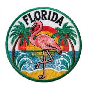 Florida Patch (3.5 Inch) Iron-on Badge Travel America USA Souvenir Flamingo Emblem for Backpacks, Hats, Bags, Crafts, DIY Gift Patches