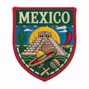 May include: Embroidered patch with the word "MEXICO". The design includes a pyramid, cactus, sombrero, maracas, and a red chili pepper, set against a blue sky and yellow sun. The patch has a green background with a red border.