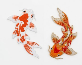 2-Pack Large Koi Fish Embroidered Patches - Orange & White Japanese Koi Iron-On Badge Appliques, Colorful Carp Nature Patch (100x65mm)