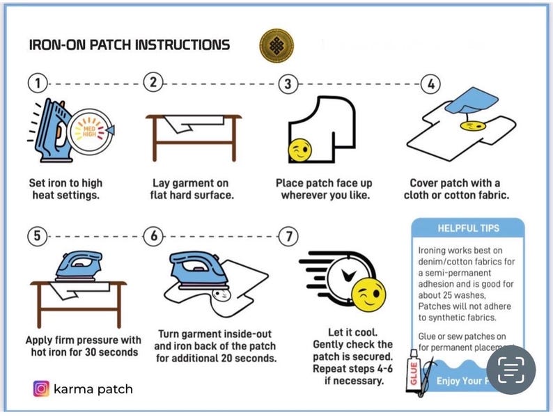 Peut inclure: Instructions illustr&eacute;es pour appliquer des patchs thermocollants. Le guide montre les &eacute;tapes, notamment le r&eacute;glage du fer &agrave; repasser, le positionnement du patch et l'application de la chaleur. Texte : "Iron-On Patch Instructions" et "karma patch".