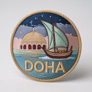Könnte beinhalten: Gestickter Aufnäher mit Doha, mit einem Dhow, das auf türkisfarbenem Wasser segelt. Das Design umfasst ein kuppelförmiges Gebäude, einen sternenklaren Nachthimmel und das Wort "DOHA" in Goldfaden, umrahmt von einem goldenen Seilrand.