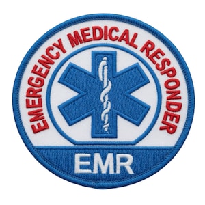 May include: A circular patch with a blue star of life emblem, a white caduceus, and the words "EMERGENCY MEDICAL RESPONDER" in red. The letters "EMR" are in blue at the bottom. The patch has a white background with a blue border.