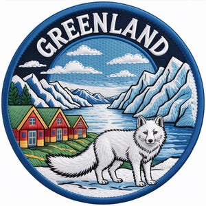 May include: A round patch with a blue border and the word "GREENLAND" in white. The patch features a landscape with mountains, a body of water, red houses, and a white arctic fox.