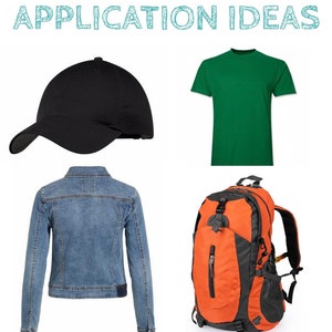 May include: A black baseball cap, a green t-shirt, a blue denim jacket, and an orange and black rucksack. Application Ideas.