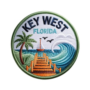 Key West Florida-märke – Broderat stryk-/sys-på-märke Resa USA Strandmotiv, palmträd, segelbåtsemblem (80 mm)