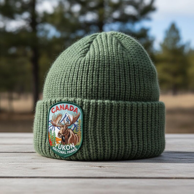 May include: An olive green ribbed knit beanie featuring a circular embroidered patch on the cuff. The patch displays a brown moose, blue mountains, and green pine trees with the text CANADA YUKON NATIONAL PARKS in red and white.