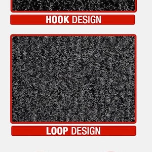 May include: Two black fabric samples, one with a hook design and one with a loop design. The fabric is shown in close-up. Below the samples are two red icons, one showing a hand pointing to the right with a tick and the text "EASY TO USE", and the other showing a recycling symbol with the text "100% REUSABLE".