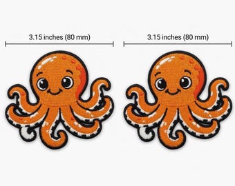 Set of 2 Cute Orange Octopus Patches (80 mm) Embroidered Iron-On or Sew-On Badge