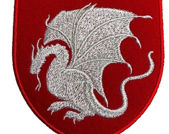 King Arthur Patch: Silver Dragon, Red Velvet Embroidered Badge