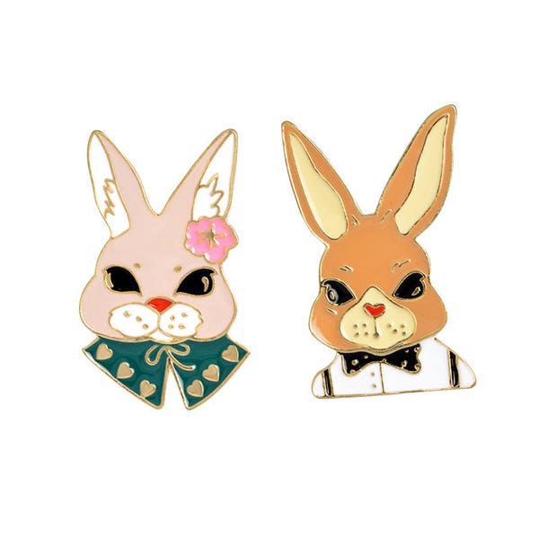 Mr & Mrs Rabbit Pin Metal Enamel Clutch Badge Male + Female Brooch Lapel Retro Handmade Gift Girlfriend, Boyfriend