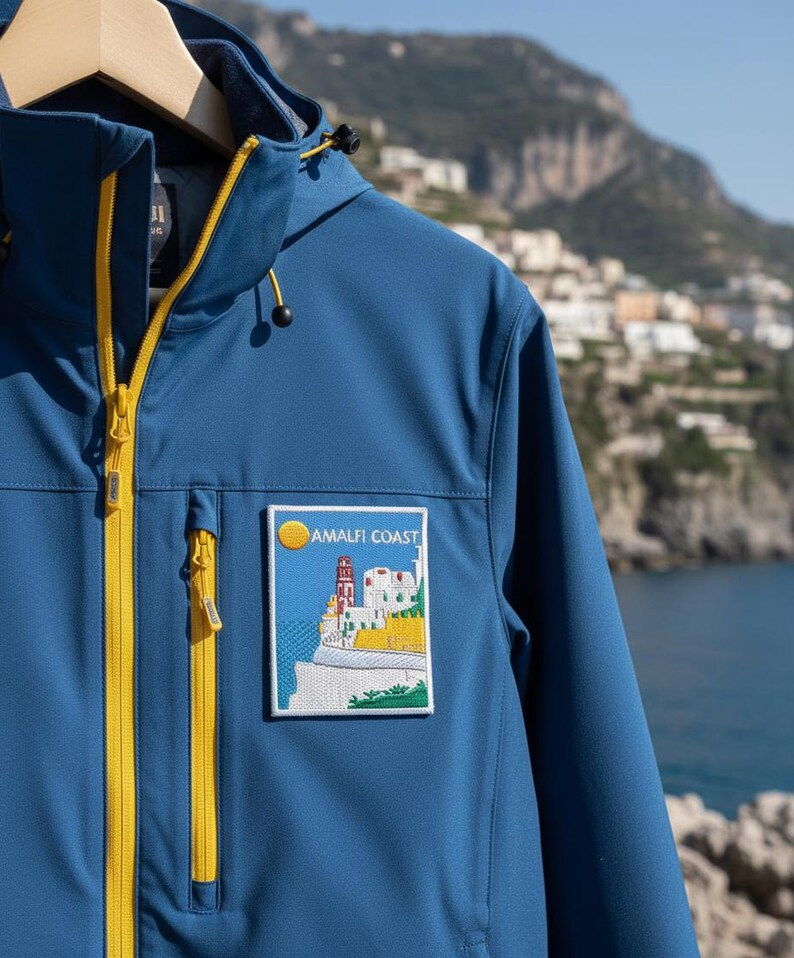 Peut inclure: Veste bleue avec fermeture &eacute;clair jaune et capuche. Elle pr&eacute;sente un &eacute;cusson avec l'inscription "AMALFI COAST" et une illustration c&ocirc;ti&egrave;re avec un phare et des b&acirc;timents. La veste est suspendue &agrave; un cintre en bois.