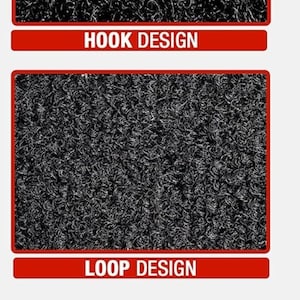 May include: Two black carpet samples with different textures. The top sample is labeled "HOOK DESIGN" and the bottom sample is labeled "LOOP DESIGN". Two red circles with white text. The left circle shows a hand pointing with the text "EASY TO USE". The right circle shows a recycling symbol with the text "100% REUSABLE".