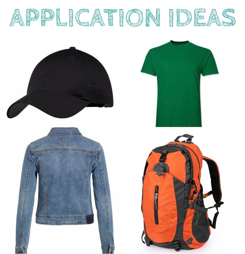 May include: A black baseball cap, a green t-shirt, a blue denim jacket, and an orange and black rucksack. Application Ideas.
