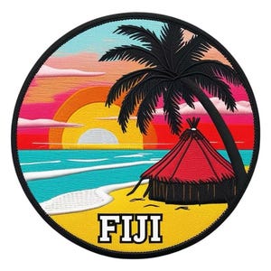 May include: Embroidered patch featuring a tropical beach scene with a sunset. The design includes a palm tree, a red-roofed hut, and the word "FIJI" in white block letters. The background showcases a vibrant sunset with shades of orange, pink, and blue.