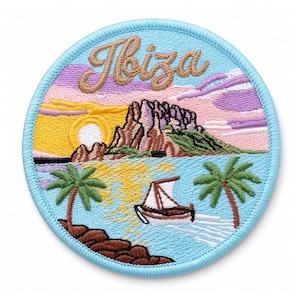 Patch bordado de Ibiza, Espanha, para costurar ou passar a ferro. Lembrança de viagem (80 mm).
