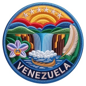 May include: Embroidered patch depicting a Venezuelan landscape. The design includes a waterfall, mountains, a canoe, a feather, and an orchid. The text "VENEZUELA" is displayed in white on a blue background, with a sun and stars above.