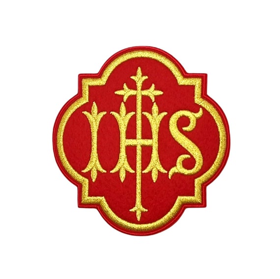Christogram IHS Symbol Patch (4 Inch) Red Velvet Iron-on or Sew-on Badge Catholic Vestment Church Symbol Christian Emblem Gift Patches