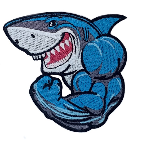 Muscle Shark Patch (3.5”) Bicep Bro Iron/Sew-on Badge Gym Bag, Surf, Martial Arts, Karate, Jiu Jitsu, Judo, MMA, BJJ Mat Shark Gift Patches