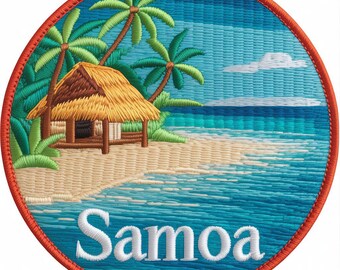 May include: Embroidered patch depicting a tropical beach scene. A thatched hut sits on a sandy shore, with palm trees. The ocean is a gradient of blues, and the word "Samoa" is in white script. The patch has a red border, perfect for travel enthusiasts.