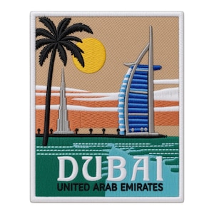 May include: A rectangular embroidered patch featuring a Dubai skyline scene with a black palm tree, a yellow sun, the Burj Khalifa, and the Burj Al Arab. The design includes a green base with the white text DUBAI and UNITED ARAB EMIRATES.