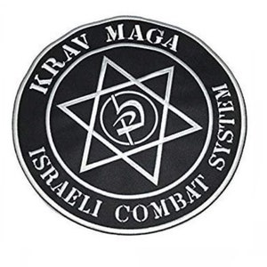May include: Black and white round patch with a six-pointed star and the text "Krav Maga Israeli Combat System".