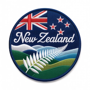 May include: Circular embroidered patch with the New Zealand flag, four red stars, and the words "New Zealand". The design includes a fern and stylized landscape in green, blue, and white, within a blue border. Ideal for clothing or bags.
