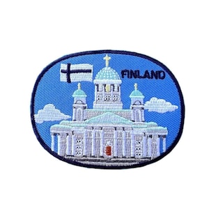 Écusson Finlande (3 pouces) brodé thermocollant ou insigne à coudre Voyage dans les Balkans Vacances dans les pays nordiques Europe Bouclier souvenir Emblème touristique Écusson cadeau