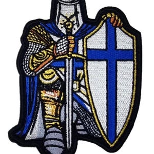Blue Crusader Knight Patch (4.7 Inch) Iron/Sew-on Badge Embroidered Christian Shield Insignia Emblem Crest Gift Patches