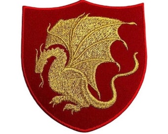 King Arthur Dragon Patch Gold Embroidery on Red Velvet Iron-on / Sew-on Emblem Merlin Pendragon Crest