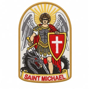 May include: An embroidered patch featuring Saint Michael with wings, wearing armor and a red cape, holding a sword and a red shield with a white cross. He stands over a black dragon. The text SAINT MICHAEL is printed on a yellow banner below.