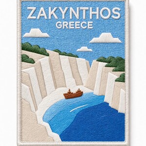 May include: A rectangular embroidered patch featuring a landscape of Zakynthos, Greece. The design includes white cliffs, green foliage, a blue sea, a brown shipwreck, and white clouds against a blue sky, with the text ZAKYNTHOS GREECE in white.