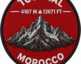 Mount Toubkal Patch Embroidered Iron on / Sew on Badge, Morocco Atlas Travel Souvenir Hiking Emblem (80 mm)