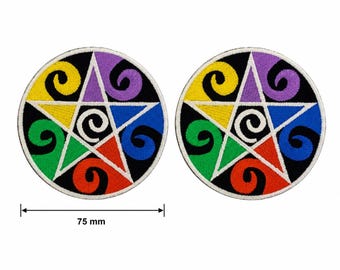 2er Pack Wiccan Pentagram Stern Patches Bunte Stickerei Aufnäher zum Aufnähen (75mm) Geschenk Patches